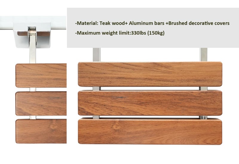 DIYHD 20" Modern Teak Wood Folding Shower Seat Bench Brushed Wall Mounted Shower Bench - Image 4